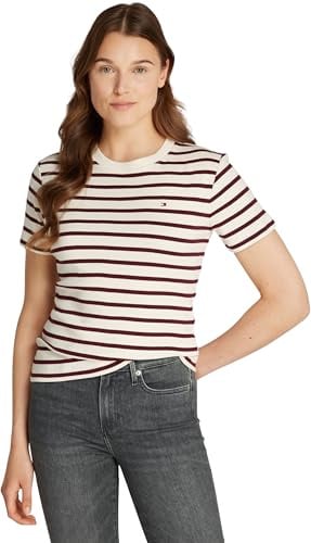 Tommy Hilfiger Damen T-Shirt Kurzarm Slim Cody Rundhalsausschnitt, Mehrfarbig (Fine STP Calico/Deep Rouge), XXL
