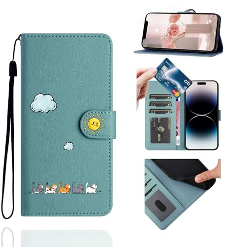 Jeffene Custodia Portafoglio per Samsung Galaxy A12/M12 Porta Carte,Verde | Flip Cover in Pelle PU, Design Gatto Carino, Con Cordino, Chiusura Magnetica, Antiurto, 3 Porta Carte, Supporto Stand