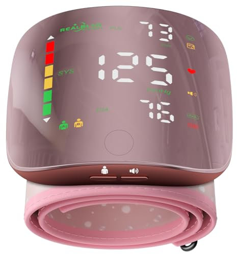 Monitor de presión arterial de muñeca Pink Pearl, bonita máquina de presión arterial multicolor, pantalla curva LED, recargable, interruptor de voz y usuario con un solo botón, fácil de usar, puño