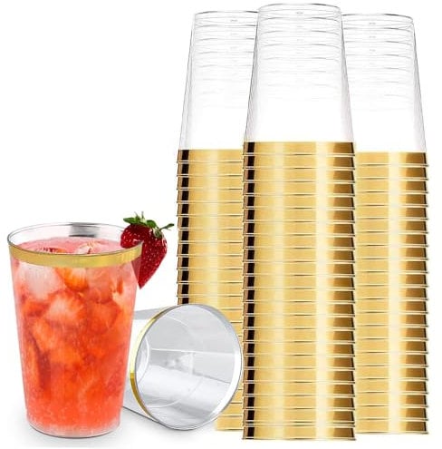 YWKJDDM Gold Rimmed Crystal Clear Hard Plastic Cups, 30PCS with Elegant Rose Gold Rim, 12oz Tumblers for Champagne, Beer, Cocktail, Martini, Soda, Dessert