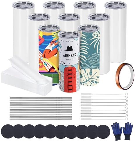 10 Pack Sublimation Tumblers Bulk, 20 OZ Stainless Steel Straight Skinny Tumblers Blank, Subbing Tumblers Cups with Sublimation Shrink Wrap, Straw and Individually Box