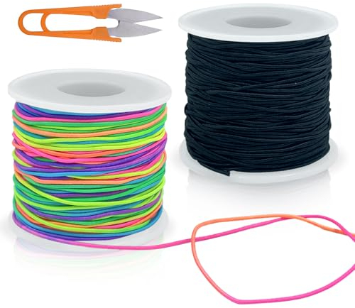 Alethron Gummiband für Armbänder, 2 Rollen 1mm x 100m Elastisches Band für Armbänder, Armband Schnur Gummifaden mit Schere Perlenschnur Gummibänder Elastikband für Perlenarmband (Bunte Schwarz)