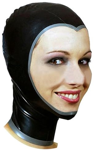 GAYLOP Vollgesichtsmaske aus Latex mit offener Gummihaube, schwarz und Silber, für Damen und Herren, handgefertigt, weiß, XS