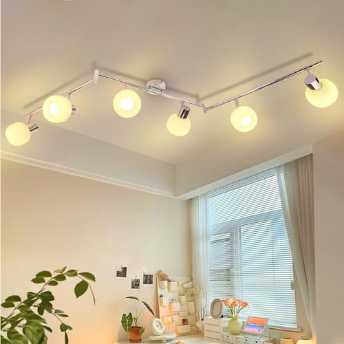 Deboola Deckenstrahler 6 Flammig Deckenleuchte Wohnzimmer - Deckenlampe Weiß Strahler Innen Vintage Glas Deckenspots E14 Morden Design 350°Schwenkbar Spots für Schlafzimmer Flur(Ohne Leuchtmittel)