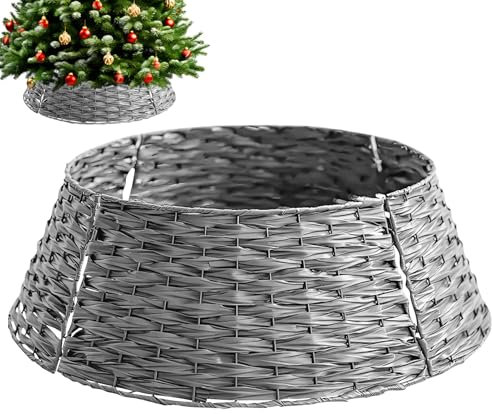 FONDUO Weihnachtsbaum Rock aus Rattan, Weihnachtsbaum Kragen Natur, Weihnachtsbaum Korb, Weihnachtsbaumständer Abdeckung, Weihnachtsbaumrock für Weihnachtsbaumdeko (Grau,50x65x21 cm)
