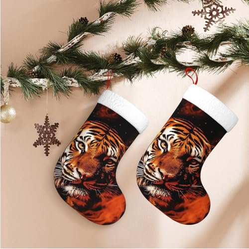 LHCVSFGW Personalisierter Weihnachtsstrumpf für den Urlaub, großer Weihnachtsstrumpf für Kamin, hängende Weihnachtsschmuck, Tiger im Feuer, Goodie-Tüten, Weihnachtsbaumschmuck, Party