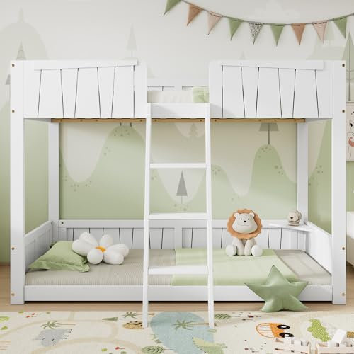 Cayipng Etagenbett für Kinder, 90 x 200 cm, Kinderbett, mit dreistufiger Leiter, stabiler Lattenrost, offenes Regal, Sicherheitszaun, Kinderbett mit Holzlatten, weiß