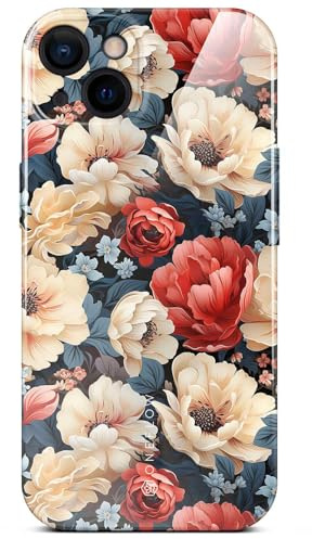 ONEFLOW Flower Cover für iPhone 13 Hülle in Floral Optik, Blumen Designer Case Handy Schutzhülle mit Kameraschutz, Hardcase dünne Handyhülle Blumenmuster, Weiß Rot