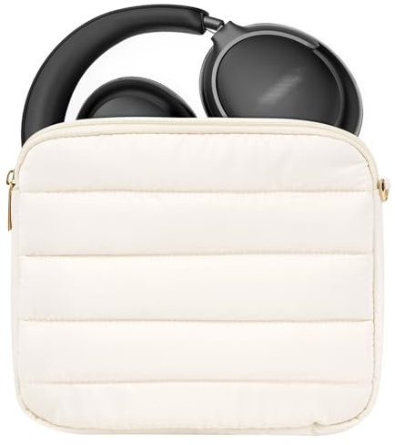 Geekria NOVA Headphones Puffy Pouch Compatible with Bose QC Ultra, JBL Tour One M3, Skullcandy Hesh ANC, Soft Shell Replacement Protective Travel Carrying Bag with Cable Storage (Ivory)