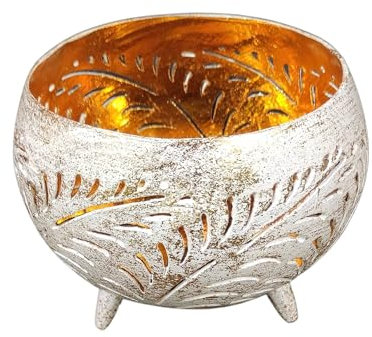 Trintura Windlicht aus Kokosschale – Handgefertigt, Orientalisches Design, 3 Beine, Naturmaterial, Stimmungslicht für Balkon, Garten & Wohnzimmer Boho Tischdeko für Innen & Außen (weiß)