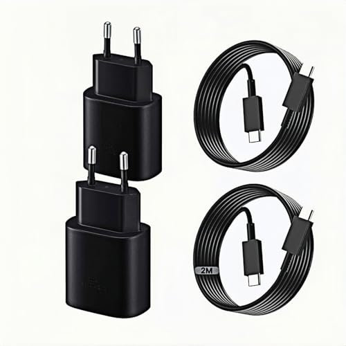 25W USB C Cargador 2-Pack Cargador Rápido con Cable de Carga de 2m,Super Fast Charger,Adaptador de Corriente para Teléfono 15/16,Samsung Galaxy S25S24/S23/S22/S21/A55/A54/A51 (Negro)