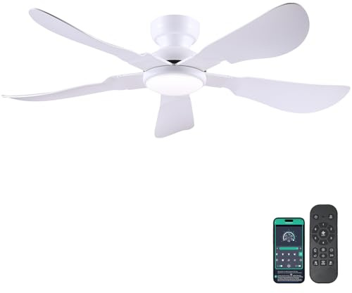 Kviflon 52 Inch Modern Ceiling Fans with Lights, Flush Mount Ceiling Fan with Light and Remote/APP Control, 5 Reversible 6 Speeds Curved Blades, 3 CCT Dimmable Lights for Bedroom, White