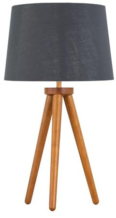 Modern Dark Oak Table Lamp or Bedside Light, Wood Tripod Design, Grey and Silver Inner Shade