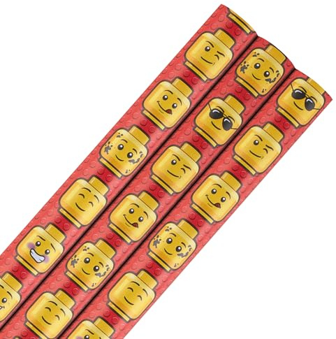 Hallmark 6m LEGO Wrapping Paper, 3-Pack, 2m per Roll | LEGO Heads Design, Birthday, Christmas Each Roll 70cm X 200cm, Red, Yellow, Handy Cutting Grid,