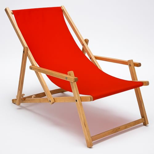 SPRINGOS Gartenliege aus Buchenholz - 3-Stufige Verstellbarkeit, Rot Stoffbespannung, Robustes Holzgestell, Imprägniert, Belastung bis 120 kg - Ideal für Garten, Balkon und Strände