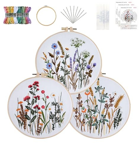 KEKEMEOW 3 Sets Stickerei Kit für Anfänger, Nähte mit Blumenpflanzenmustern, DIY Kreuznäht Kits für Erwachsene, Nadelpunkt Hand Stickerei Kit mit gestempeltem Muster、Anleitung、Reifen