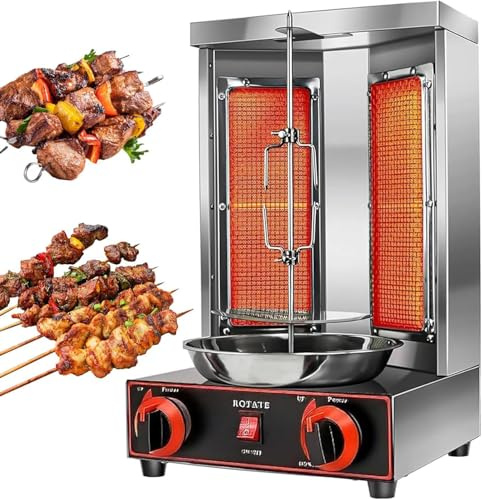 AityBuy Commercial Meat Rotisserie,Electric Vertical Kebab Grill,Countertop Gas Grill Machine,Automatic Rotating Skewers Machine,Indoor Kebab Machine Silver-DoubleKnob