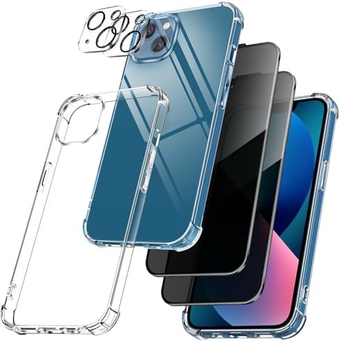 Vuletc 5 en 1 Coque Antichoc pour iPhone 13 et 2 Pièces Anti-Espion Verre Trempé avec 2 Caméra Arrière Protecteur, Étui de Silicone Souple TPU Anti-Jaune Housse, Transparent