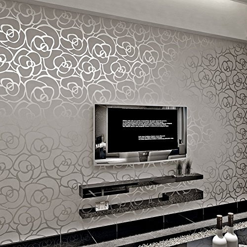 HANMERO European Fashion High-grade Big Rose Flower Pattern Embossed Flocking PVC Wallpaper Roll for Living Room Bedroom 0.53m*10m=5.3㎡ Silver