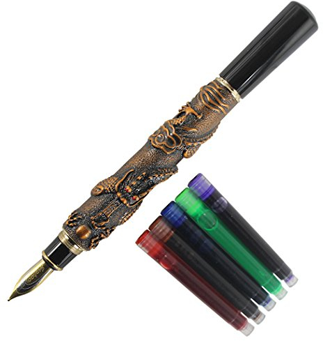 Gullor Chinese Dragon Antique Silver Basso-Relievo Fountain Pen Original Gift Box Pen Pouch Ink Cartridges Set - Red Copper