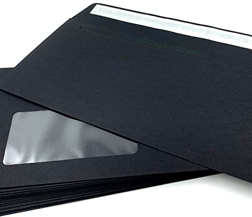 100 Umschläge mit Fenster, Schwarz, DIN lang = 220 x 110 mm, Haftklebestreifen, Fensterkuverts