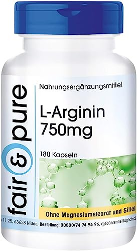 Fair & Pure L-Arginin 4500 mg Tagesdosis, 180 Kapseln, Aminosäurekomplex mit L-Leucin, Nahrungsergänzungsmittel vegan ohne Magnesiumstearat, in Deutschland hergestellt