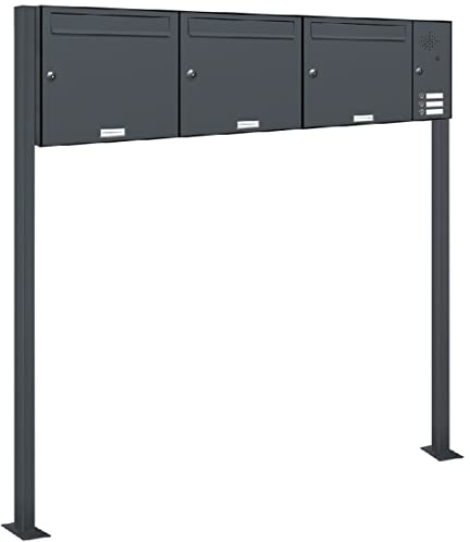 AL Briefkastensysteme 3er Standbriefkasten Anthrazitgrau RAL 7016 mit Klingel als 3 Fach Briefkastenanlage in Postkasten Briefkasten Design modern