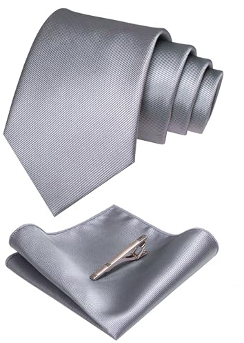 RBOCOTT Grey Silk Tie and Pocket Square, Necktie Tie Clip Set for Men (6)