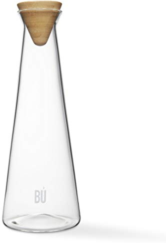 Carafe with Wooden Lid | Glass Water Jug | Hand Blown Wine Decanter | 1.2L Capacity | Solid Bamboo Stopper| Minimalist Design Pitcher | Unique Wine Gift Idea | Iced Tea, Water, Wine | W10.5 x H28.5cm