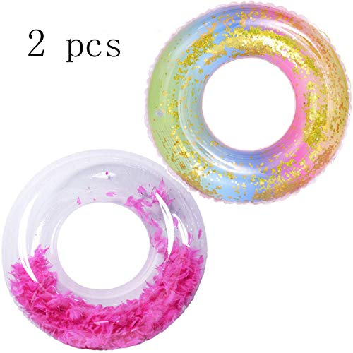 Jolily 2 PCS 90cm Piscina Gonfiabile Galleggiante Anello di Nuoto Arcobaleno e Rosa Rossa, Glitter Lucido e Piumino Riempito di Piume Piscina Piscina Acqua da Nuoto Giocattolo da Spiaggia