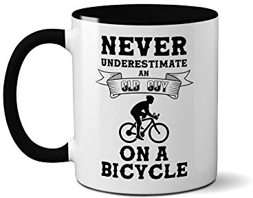 Never Underestimate an Old Guy Mug- Funny Joke Present Cycling Bicycle Birthdays Ceramic Handle Idea Heavy Duty Handle Dishwasher and Microwave Safe