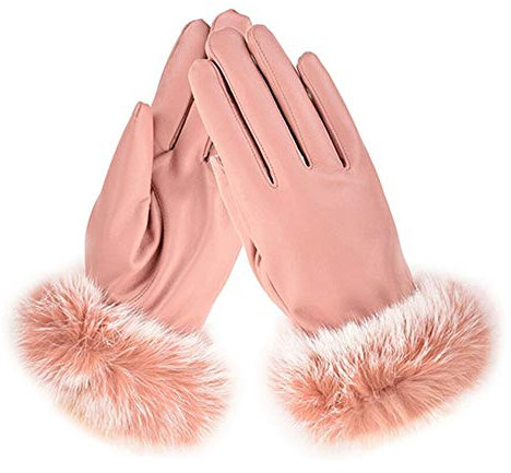 AXELENS Gants d’Hiver Tactiles Femme et Fille – Élégants en Similicuir avec Doublure Polaire et Poignet en Fourrure Douce – Taille S/M_Rose