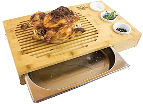 Dan&Co Unique Bamboo Meat Carving Board with Drip Tray and 3 Dipping Pots | 48cm Large Wooden Chopping Board for Kitchen for Preparing, Cutting, Resting, Serving | BBQ Gift