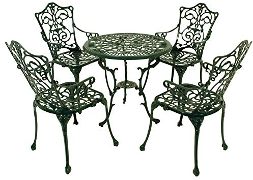 DEGAMO Gartenset Jugendstil in Nostalgie Optik 5-teilig, Aluguss duneklgrün, wetterfest, 4X Sessel und 1x Tisch 70cm rund