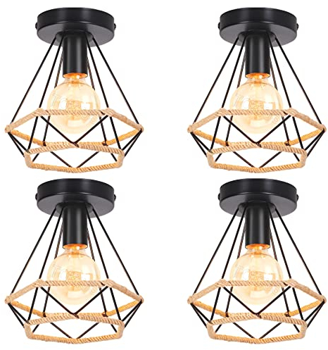 TOKIUS Lámpara de Techo Vintage de Hierro, 20CM Industrial Cuerda de Cáñamo Plafón Techo 60W E27 Iluminación de Techo Interior para Cocina Dormitorio Pasillo (4 Piezas)