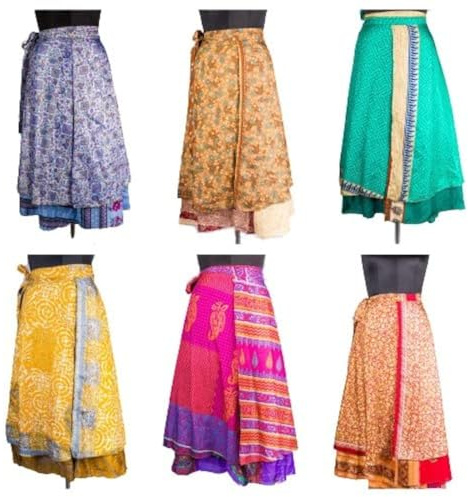 Indian Vintage Long Silk Wrap Skirts - Set of 5 Multicolored