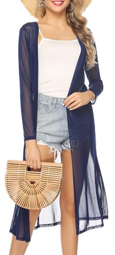 Totatuit Women Long Sheer Cardigan Long Sleeve Open Front Thin Summer Lightweight With Side Slits Swimsuit Bikini Cover Up Navy Blue L