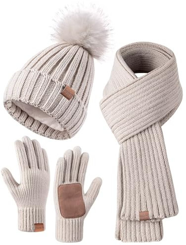 Winter-Set für Damen mit Mütze, Schal und Handschuhen, Mütze mit Bommel, langer Schal, Touchscreen-Handschuhe, 3-in-1-Set, Haferflocken (Oatmeal), Einheitsgröße