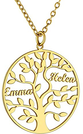 GoldChic Collier Arbre de Vie 2 Prenoms Personnalisé des Enfants Or Plaque Dore Femme Penedentif Généalogique Famille Fêtes des Mères Chaine Acier 50 cm Cadeau Mariage Meilleur Amie