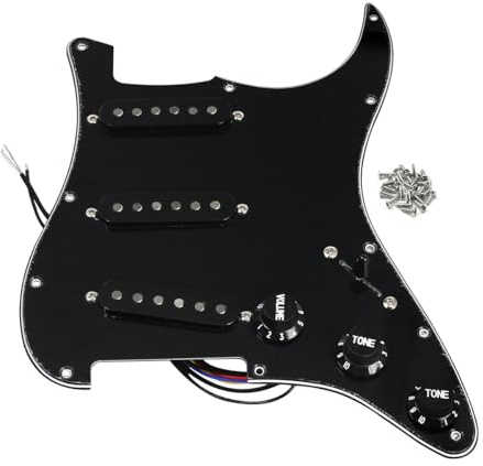FLEOR Alnico V SSS 3-lagiges, vorverdrahtetes, geladenes Schlagbrett, Schlagbrett-Rückplatte mit Staggered Tonabnehmer Kit für ST E-Gitarren, Ersatzteile, Schwarz, 3-lagig