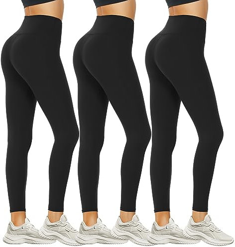 DDOBB Leggings Damen High Waist Sportleggins Lang Schwarz Leggins Blickdicht Bauchweg Sporthose Elastisch Yogahose Gym Festival Outfit(#12-Schwarz*3, (DE42-48)=L-XL)