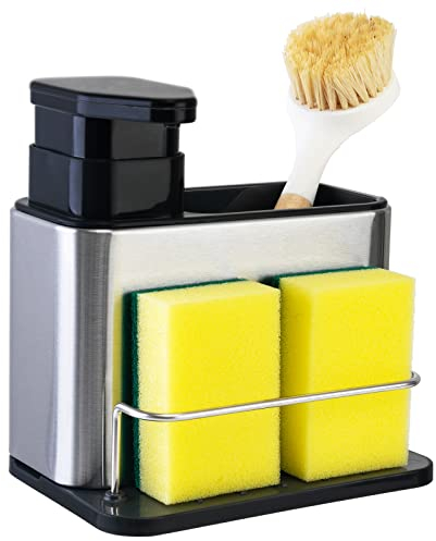 Spülbecken Caddy Organizer mit Integriertem Seifenspender, rutschfest Spülmittelspender Küche Set mit Schwammhalter und Bürstenhalter, Seifenspender Ordnungshelfer 320ml Füllvolumen, Edelstahl