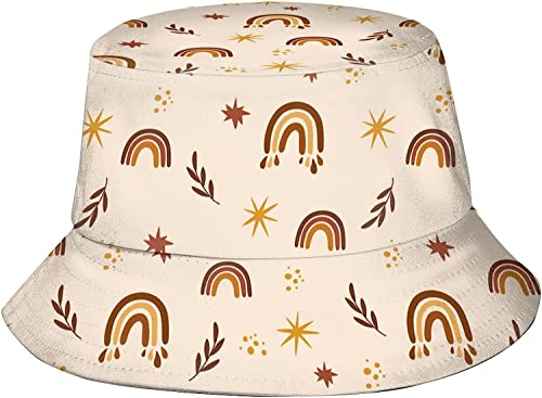Unisex Kawaii Boho Regenbogen Fischerhut, Sommer Strand Sonnenhut Fischerhüte für Frauen Männer Teenager, verstaubare Outdoor-Kappe, Boho-Regenbögen, Sterne, Blätter und Regenbögen, One size