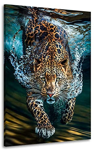 Kunstgestalten24 Leinwandbild Tauchender Leopard Tier Natur Bild Kunstdruck Raum Wand Dekoration