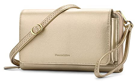 Peacocktion Damen Umhängetasche, Kleine Crossbody Taschen Schultertasche, Handgelenkstaschen Geldbörse mit Crossbody und Handgelenk 2 Riemen, Handytasche zum Umhängen mit RFID Kartenhalter, 01-Gold