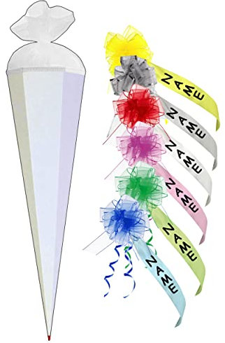 Schultüte - Rohling - Weiß Größenwahl 35 bis 100 cm incl. individueller Schleife - mit Holzspitze - Zuckertüte ALLE Größen - Roth - zum Basteln, Bemalen..