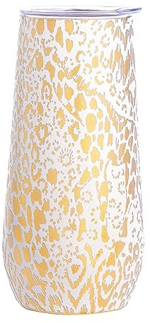 Lilly Pulitzer 10 Oz Stemless Champagne Flute, Small Stainless Steel Tumbler with Lid, Double Wall Insulated Metal Cup, Pattern Play (Gold)