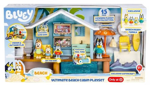 Bluey Moose Toys, set da gioco per famiglia e amici, con cabina da spiaggia esclusiva, include 15 pezzi da gioco e 1 foglio di adesivi