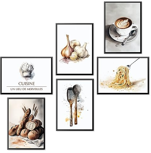 MJ-Graphics - 6er Poster Set Kaffee Brot Essen modern Küche & Esszimmer | 6x Din A4 | Küchendeko Wandbilder Wanddeko Bilder ohne Bilderrahmen