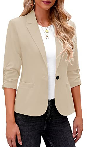 Roskiky - Blazer da donna, elegante, giacca, manica 3/4, da affari, casual, abiti per il lavoro, Kaki, S